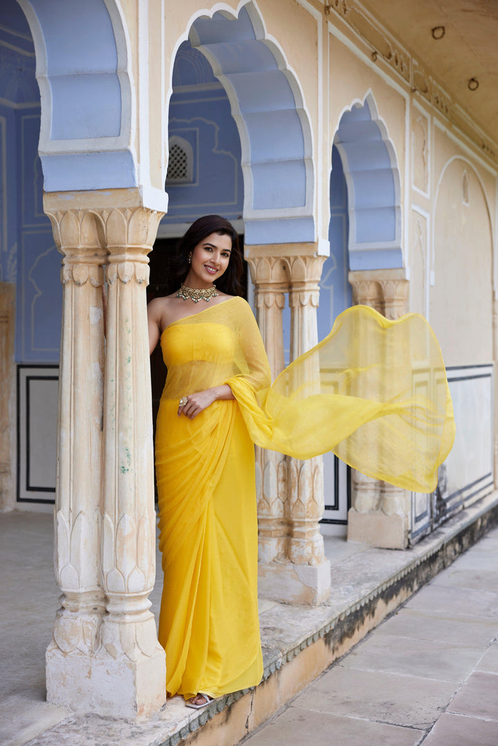 Yellow Hand Embroidered Mukaish Chiffon Saree - Geroo Jaipur