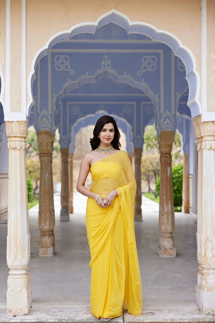 Yellow Hand Embroidered Mukaish Chiffon Saree - Geroo Jaipur