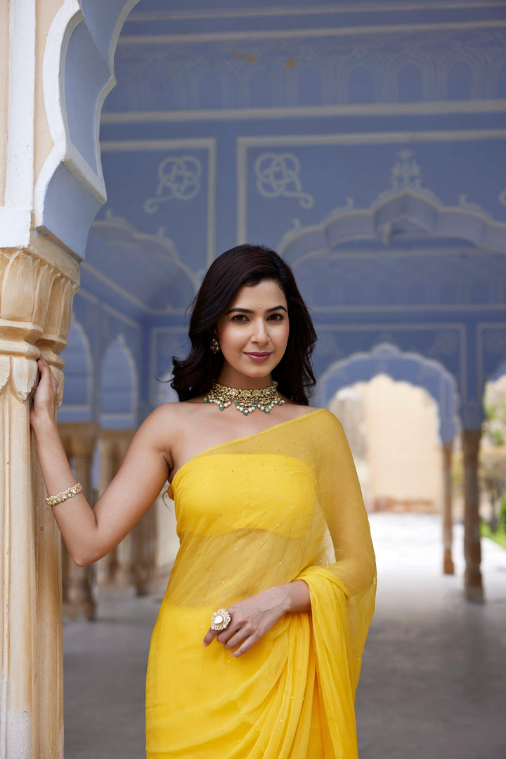 Yellow Hand Embroidered Mukaish Chiffon Saree - Geroo Jaipur