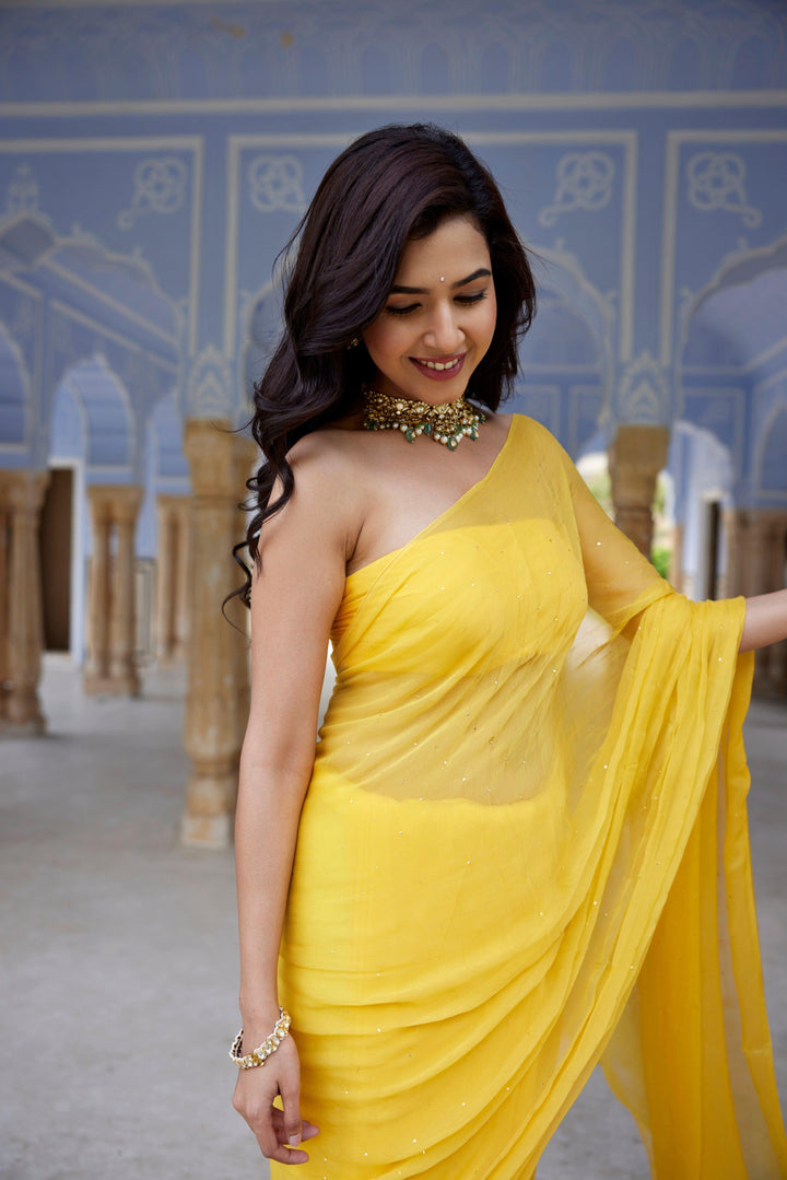 Yellow Hand Embroidered Mukaish Chiffon Saree - Geroo Jaipur